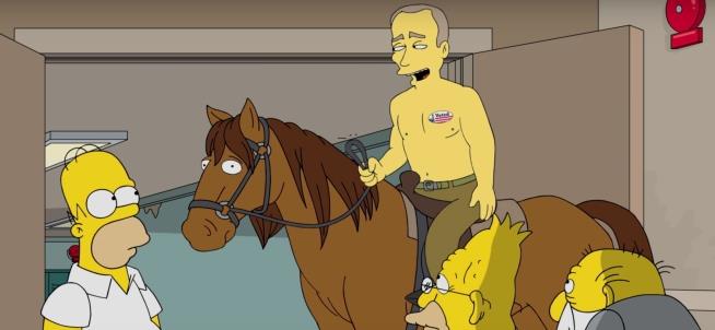 Vladimir Putin ospite di una clip tratta dai Simpson In foto Vladimir Putin, Homer, Abe Simpson e Jasper