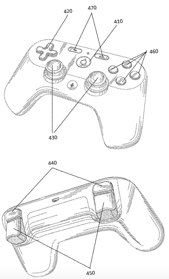 Un brevetto di Google svela il controller per la nuova console Immagine del controller inclusa nella descrizione di un brevetto di Google