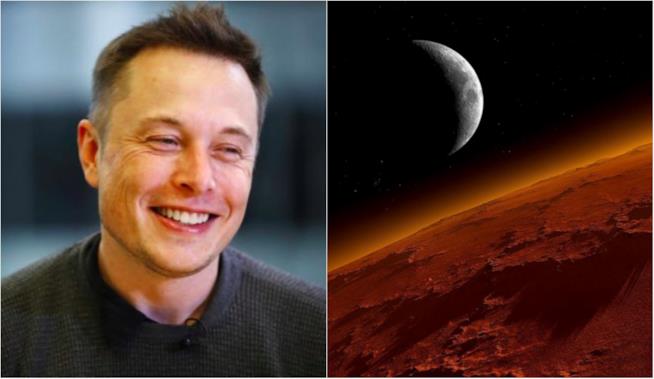 Elon Musk vuole portare gli uomini su Marte Elon Musk in primo piano e Marte