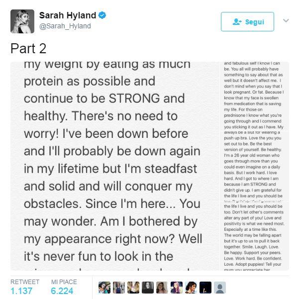 Il post di Sarah Hyland su Twitter Sarah Hyland spiega la sua magrezza