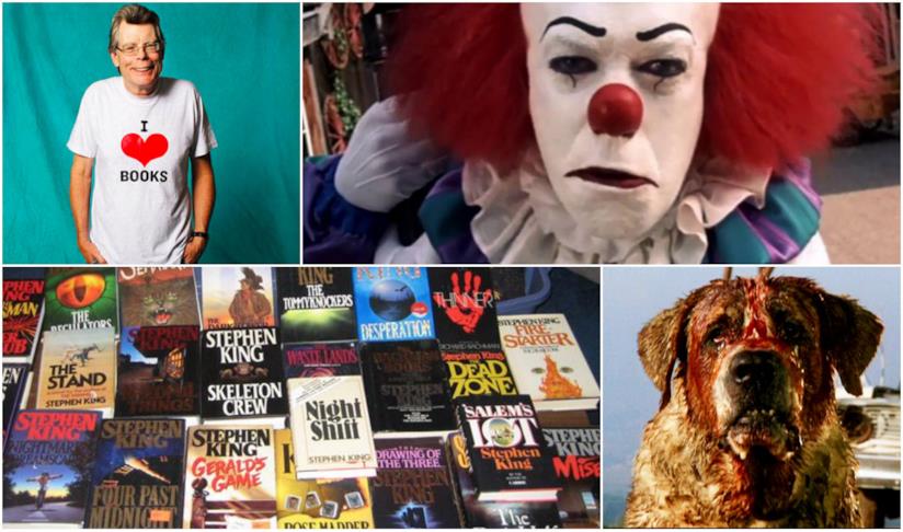 It e gli altri: ecco i 20 cattivi più spaventosi di Stephen King Un collage con Stephen King, Pennywise, Cujo e romanzi di King
