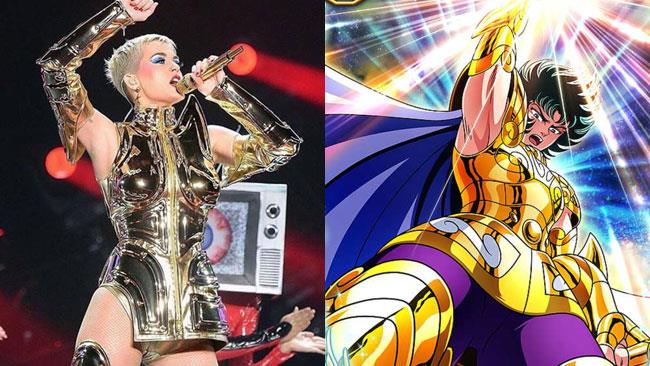 Katy Perry in tour con il costume dorato di I Cavalieri dello Zodiaco Katy Perry e il Cavaliere d'Oro Shura