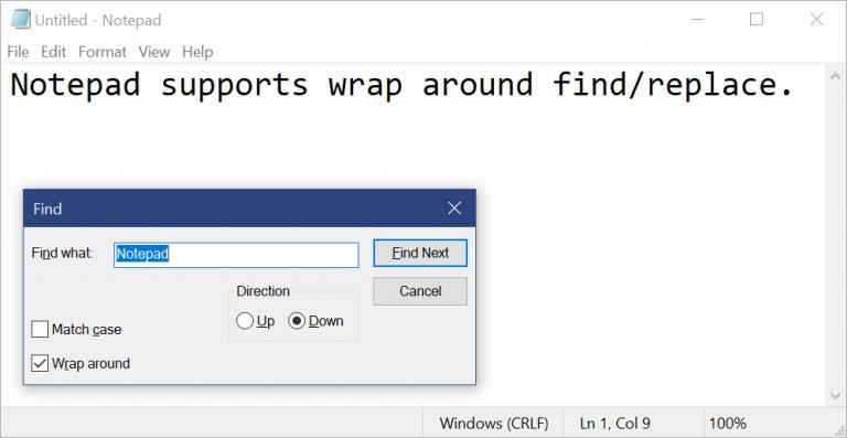 Wrap-around find/replace di Blocco Note Blocco Note: come funziona Wrap-around find/replace
