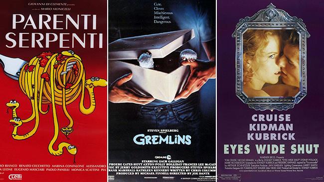10 film di Natale diversi dal solito, per feste "senza zucchero"... o quasi Locandine dei film Parenti Serpenti, Gremlins, Eyes Wide Shut