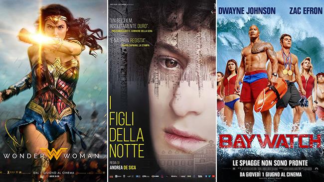 Weekend al cinema: i film in uscita il 3 e 4 giugno 2017 Le locandine dei film Wonder Woman, I Figli della Notte e Baywatch
