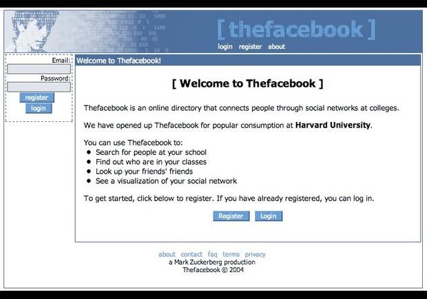 TheFacebook, nato nel 2004, è l'antenato di Facebook Screen della schermata di log-in di TheFacebook