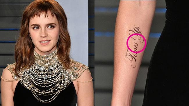 Emma Watson dimentica un apostrofo nel tatuaggio per Time's Up Primo piano di Emma Watson e del suo tatuaggio Times Up