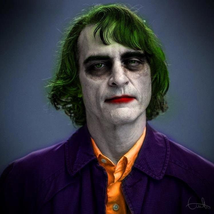 Joaquin Phoenix con il trucco da Joker, in una fan art fan art di Joaquin Phoenix con il trucco da Joker