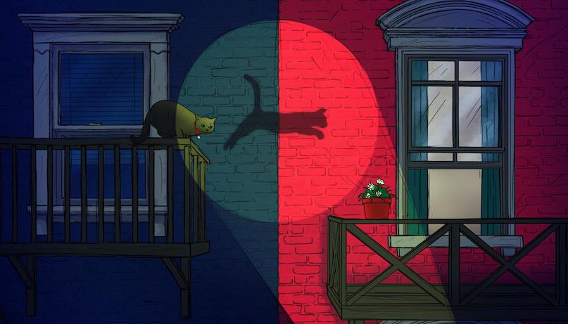 Un gatto che salta da un balcone all'altro Una vignetta in cui un gatto salta da un balcone all'altro