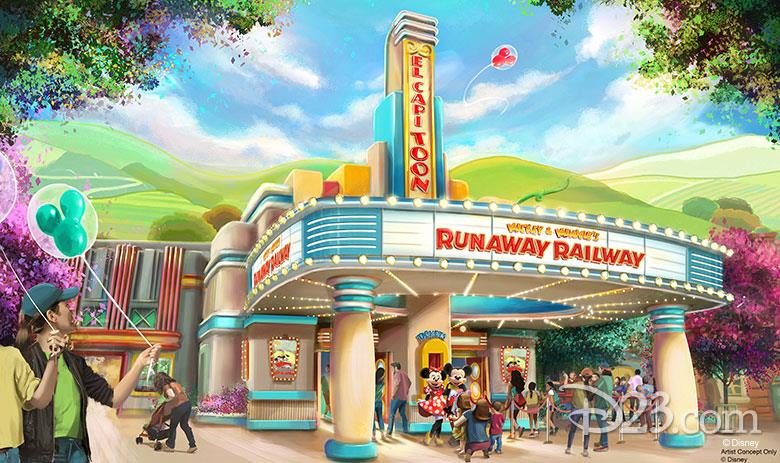 Concept art del Rushway Railway di Topolino e Minnie Concept art dell'attrazione Rushway Railway di Topolino e Minnie