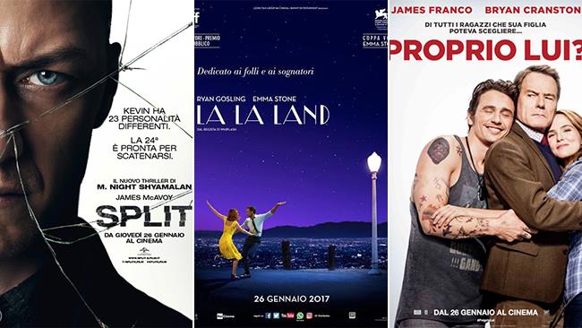 Weekend al cinema: i film in uscita il 28 e 29 gennaio 2017 Le locandine dei film Split, La La Land e Proprio Lui?