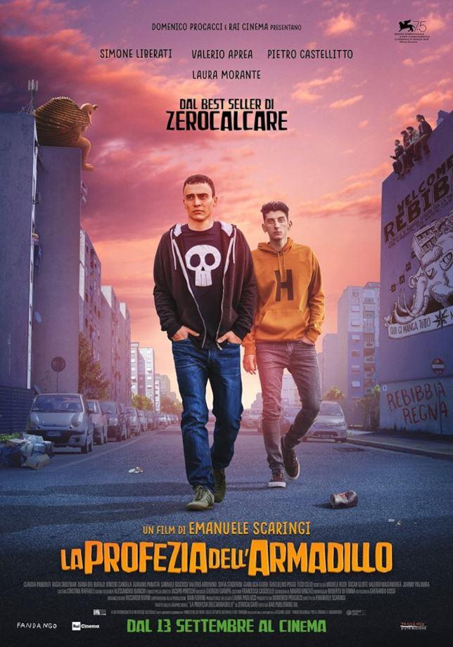 La Profezia dell'Armadillo, dal 13 settembre al cinema Zero (Simone Liberati) e Secco (Pietro Castellitto) nel poster ufficiale del film