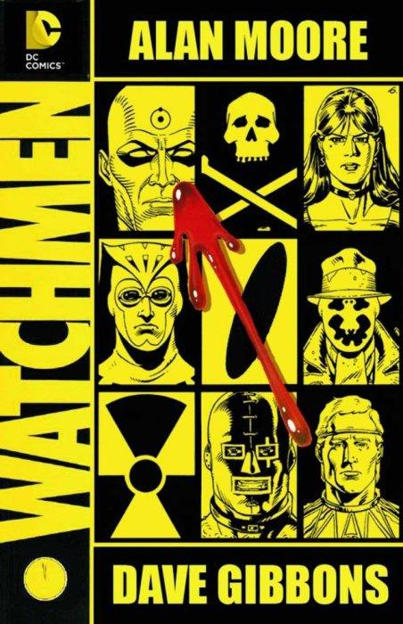 I supereroi di Watchmen in una caratteristica illustrazione di Watchmen sui toni del giallo e del nero La copertina della nuova edizione deluxe di Watchmen mostra i volti dei supereroi protagonisti della graphic novel