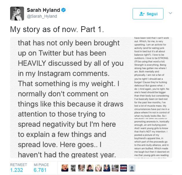 Il post di Sarah Hyland su Twitter Sarah Hyland ha risposto alle critiche su Twitter