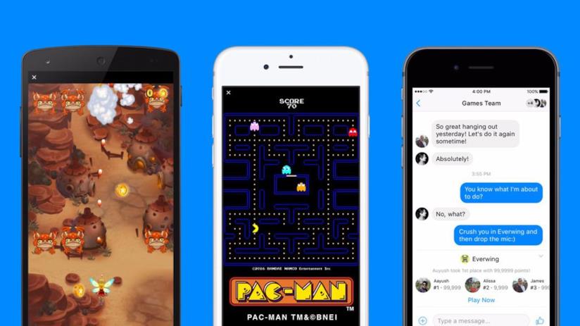 Ora su Facebook Messenger si può giocare, ecco come Tre schermi di cellulare con l'app Facebook Messenger