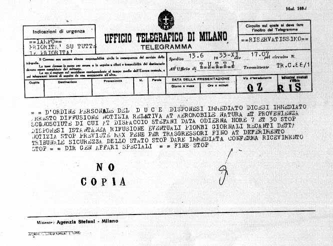 Il dispaccio successivo all'incidente di Vergiate Il telegramma del Gabinetto RS/33