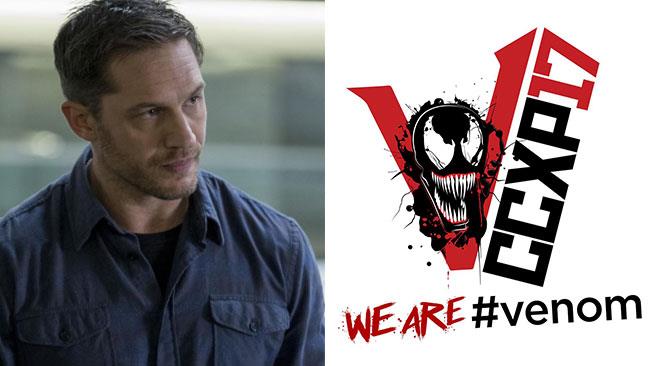 Venom nella sua forma classica in foto Eddie Brock e il logo del film di Venom