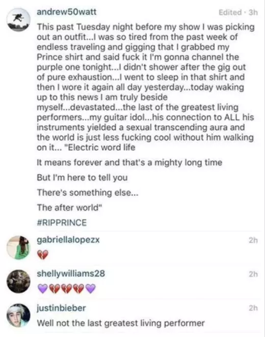 Justin Bieber crea scandalo per un commento su Prince Immagine del commento social di Justin Bieber sulla morte di Prince