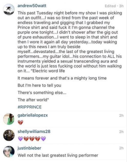 Justin Bieber crea scandalo per un commento su Prince Immagine del commento social di Justin Bieber sulla morte di Prince
