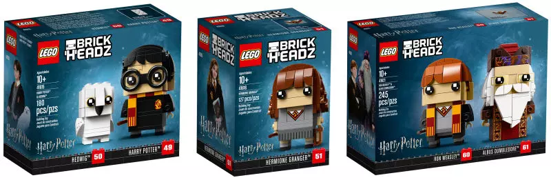 Box dei set LEGO BrickHeadz dedicati ai personaggi di Herminone, Ron, Silente, Harry Potter e Edwing Dettagli del box dei set LEGO BrickHeadz dedicati a Harry Potter