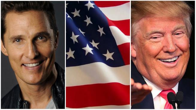 Matthew McConaughey difende Donald Trump Un collage tra Matthew McConaughey, Donald Trump e la bandiera americana