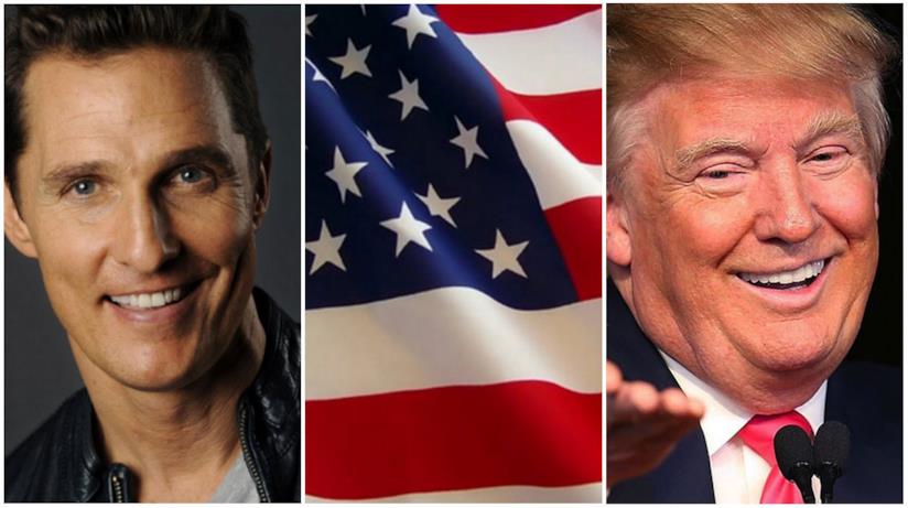 Matthew McConaughey difende Donald Trump Un collage tra Matthew McConaughey, Donald Trump e la bandiera americana