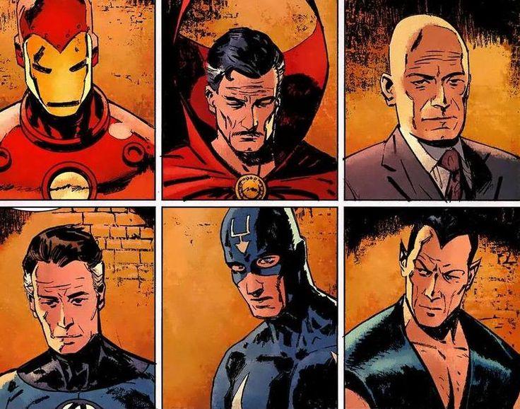 Gli Illuminati dei fumetti Marvel Iron Man, Doctor Strange, Professor X, Mister Fantastic, Freccia Nera e Namor: gli Illuminati