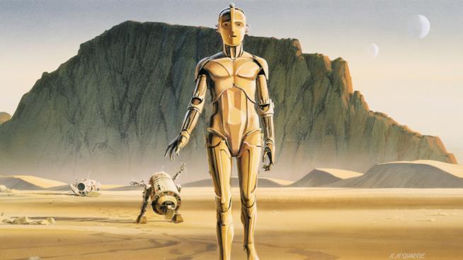 C-3PO e R2-D2 in una delle illustrazioni originali di McQuarrie C-3PO e R2-D2 rappresentati in una concept art originale di McQuarrie