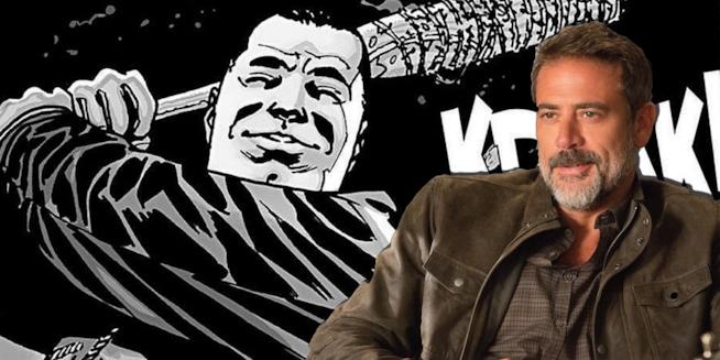 L'attore Jeffrey Dean Morgan interpreta il personaggio di Negan in The Walking Dead Due Negan a confronto: l'attore Jeffrey Dean Morgan e il personaggio dei fumetti