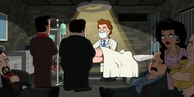 Bryan Cranston doppia il Dr. Fist nella serie TV The Cleveland Show Il Dr. Fist nella serie TV animata The Cleveland Show mentre opera il suo paziente