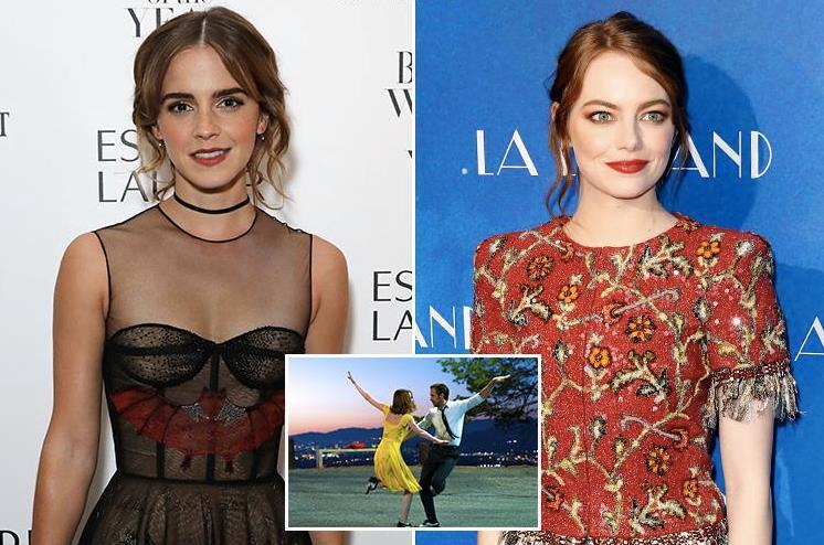 Emma Watson in La La Land Emma Watson accanto a Emma Stone e a una scena di la La Land