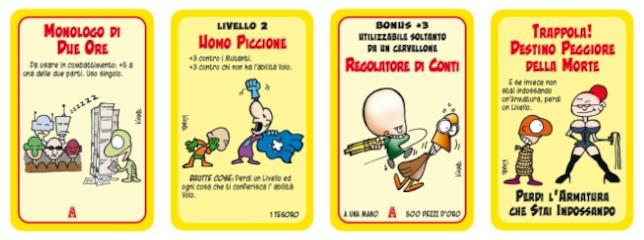 Un esempio di quattro carte di Super Munchkin Quttro carte di Super Munchkin provenienti dalla versione base e dall'espansione