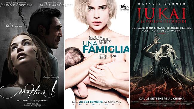 Weekend al cinema: i film in uscita il 30 settembre e l'1 ottobre 2017 I poster dei film Madre!, Una Famiglia e Jukai - La Foresta dei Suicidi