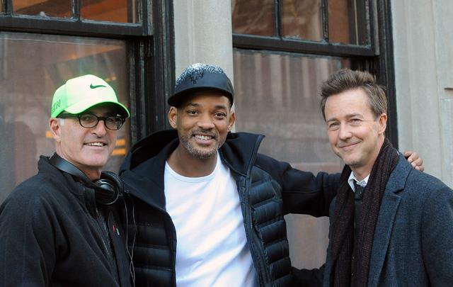Will Smith, Edward Norton e David Frankel in Collateral Beauty Regista e attori sul set di Collateral Beauty