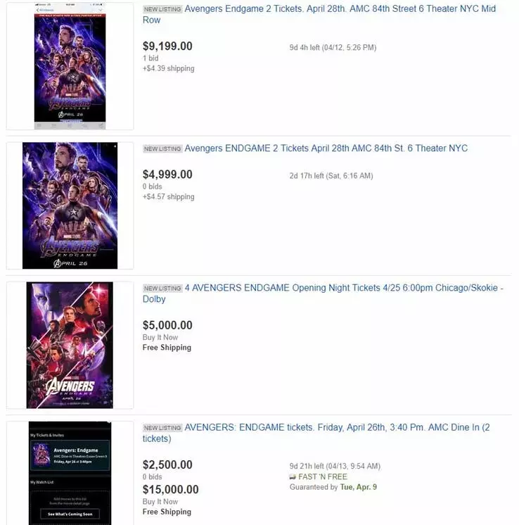 I biglietti di Avengers: Endgame in vendita su Ebay.com Alcuni esempi di biglietti in vendita su Ebay.com per il film Avengers: Endgame, le cifre arrivano ai 15mila dollari