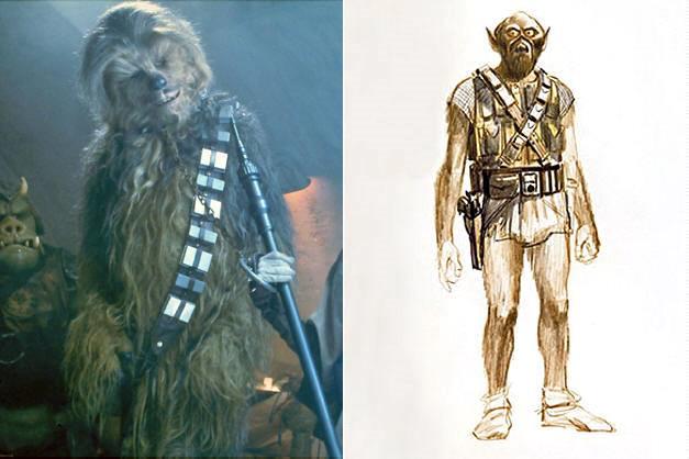 Chewbecca in una scena del film e nell'illustrazione originale di Ralph McQuarrie Il personaggio Chewbecca dal concept art al film