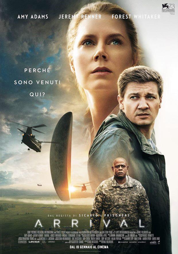 La locandina del film di Arrival Nella locandina di Arrival, l'astronave aliena si staglia all'orizzonte, al fianco dei volti dei protagonisti del film