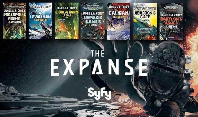 La grande saga di The Expanse nasce dai romanzi e finisce in TV Copertine dei sette romanzi della saga The Expanse su sfondo pubblicitario di SyFy per la serie TV