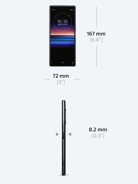 Sony Xperia 1 è alto 167 millimetri Immagine stampa di Xperia 1 con le dimensioni dello smartphone
