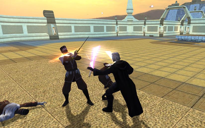 Il film su Star Wars: Knights of the Old Republic si farà, Laeta Kalogridis sta scrivendo la sceneggiatura Una immagine dal gioco Star Wars: Knights of the Old Republic, in cui due personaggi combattono