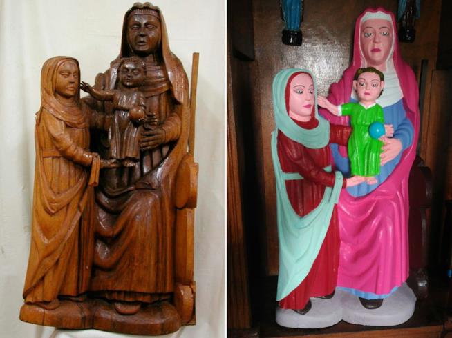 Pittrice improvvisata tenta di restaurare una scultura del XV secolo ma il risultato è discutibile Il prima e il dopo restauro della statua della Vergine Maria