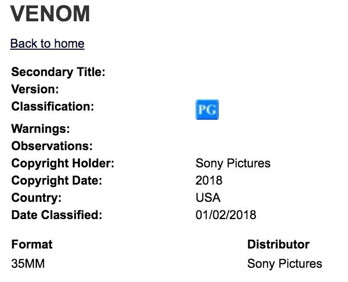 La scheda ufficiale della Manitoba Film Classification Board di Venom La valutazione ufficiale della Manitoba Film Classification Board di Venom
