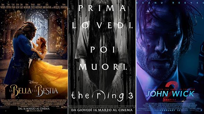 Weekend al cinema: i film in uscita il 18 e 19 marzo 2017 Le locandine dei film La Bella e la Bestia, The Ring 3 e John Wick 2