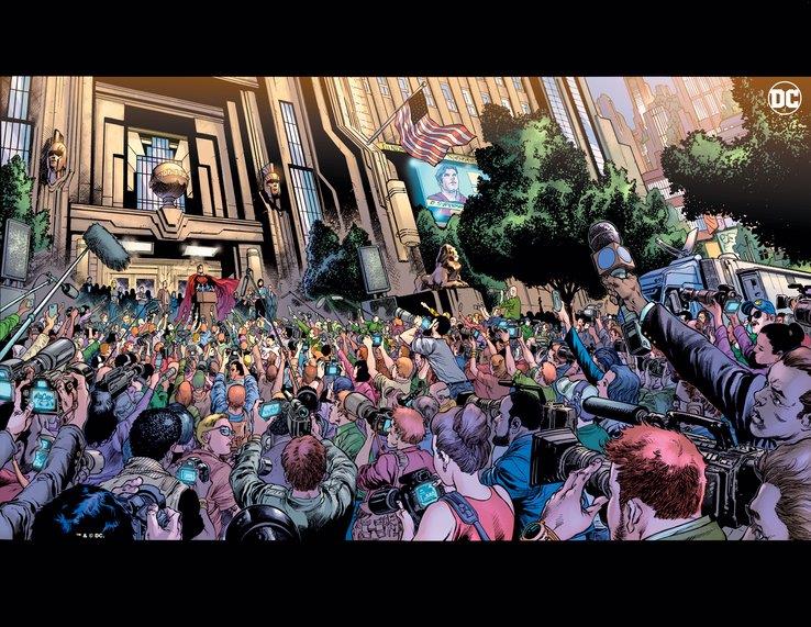 Superman rivelerà la sua identità segreta al mondo di fronte al Daily Planet e a una folla di giornalisti Immagine disegnata di Superman di fronte a una folla di giornalisti