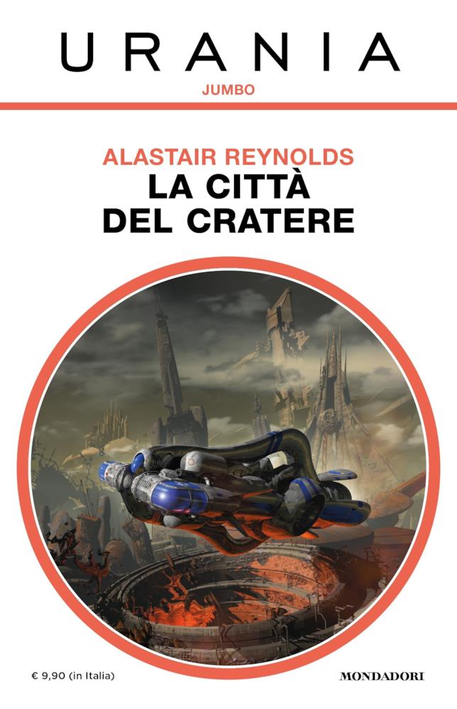 La copertina italiana di La Città del Cratere Una bizzarra astronave si leva sopra un'arena infuocata nella copertina di La Città del Cratere