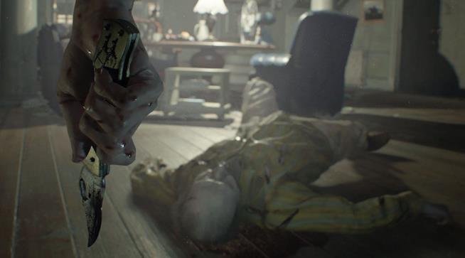 Una pubblicità rosso sangue per Resident Evil 7 Il protagonista di Resident Evil 7 impugna un coltello insanguinato