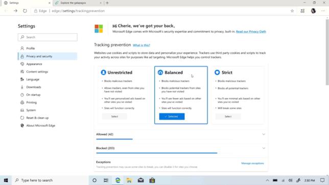 Microsoft EDGe introduce nuovi strumenti per la tutela della privacy Le nuove opzioni per la privacy di Microsoft EDGE
