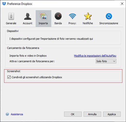 Dropbox consente la condivisione automatica degli screenshot La sezione 'Importa' all'interno delle Prefrenze di Dropbox