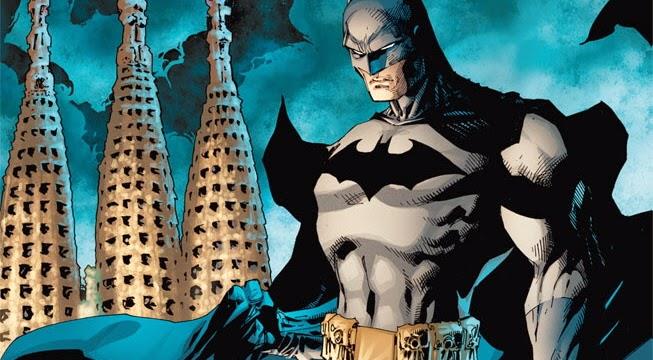 Batman si staglia sulla Sagrada Familia del Gaudì Mezzobusto disegnato di Batman con la Sagrada Familia sullo sfondo