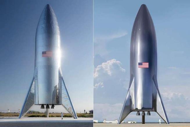 Il nuovo razzo targato SpaceX è a dir poco sbalorditivo A sinistra il prototipo del nuovo razzo Starship, a destra una sua rappresentazione virtuale